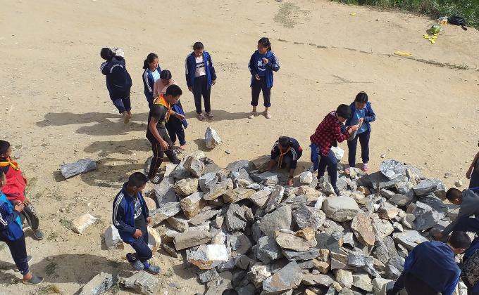 collection of boulder and stone for the chorten construction of Wangbama Central School