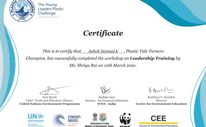 Plastic Tide Turners - Workshop on Leadership Training by Ms.Shriya Rai Young Leaders Challenge UNEP, WWF India, CEE