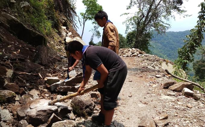 Helping to build a temple in Tsakaling in Tsirang