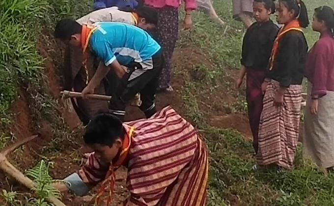 Making flower garden and footpath
