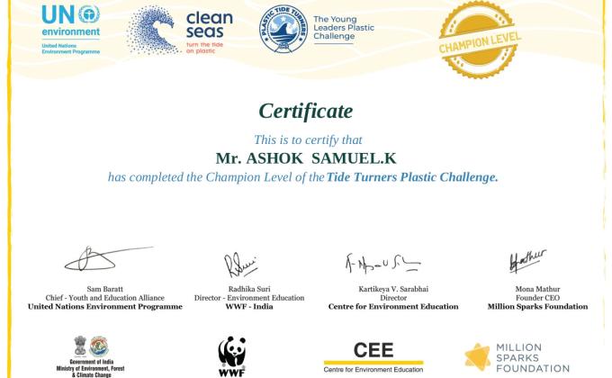 TIDE TURNERS PLASTIC CHALLENGE - ASHOK SAMUEL.K - 305th Kozhiikode Open Scout Group 