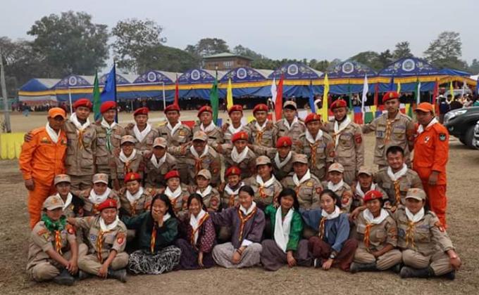 Scouts volunteer during the Mega Devotion( Moenlam Chhenmo)