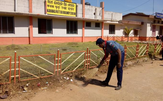 Cleaning at railway station outside