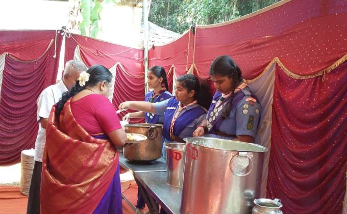 Service at Temple (Nagabana) by The Bharat Scouts and Guides District Association Udupi, Karnataka, India.