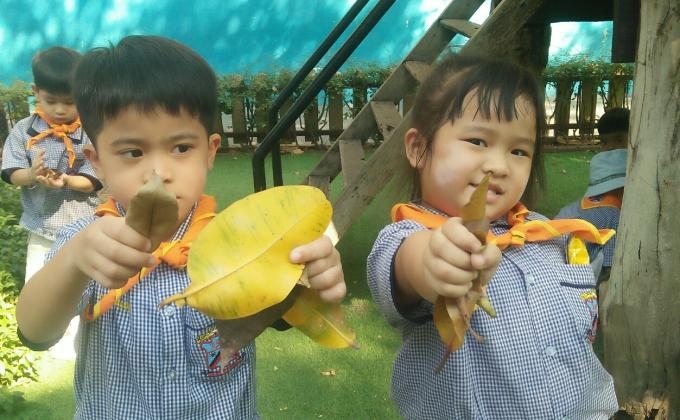 ทำความสะอาดเก็บใบไม้ในสนามเด็กเล่น