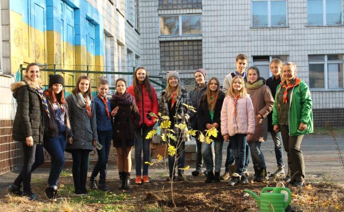 Planting trees in school with Scouts