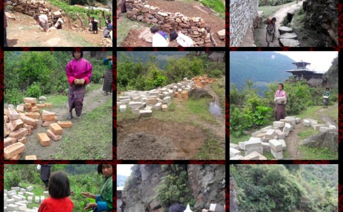 carrying bricks and cement block to lhakhang / community service 