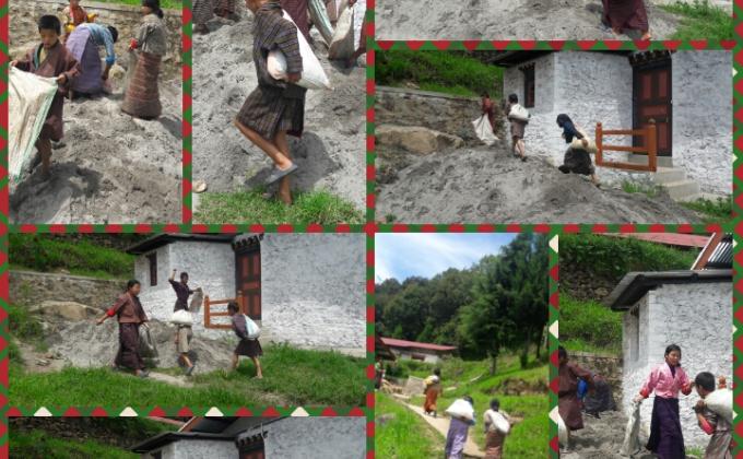 carrying sand to ECCD centre  for footpath.