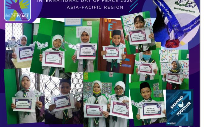 Celebrating International Day of Peace 2020 in Brunei Daussalam.  Scouts cubs 1089 of ages 8-9 years old participated with their peace pledges and making videos. They committed themselves to stay safe at the current covid 19 pandemic and climate change.  
