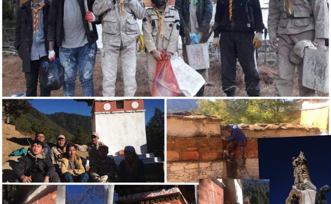White washing of stupas at Haa District