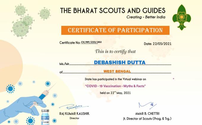 Certificate of NATIONAL LEVEL WEBMINAR ON COVID-19 VACCINATION- MYTHS & FACTS