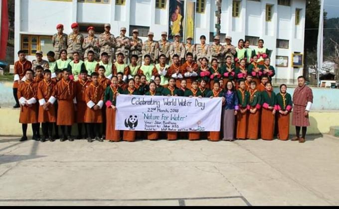 Jakar scouts with y-via member cleaned jakar romchu celebrating World Water Day.