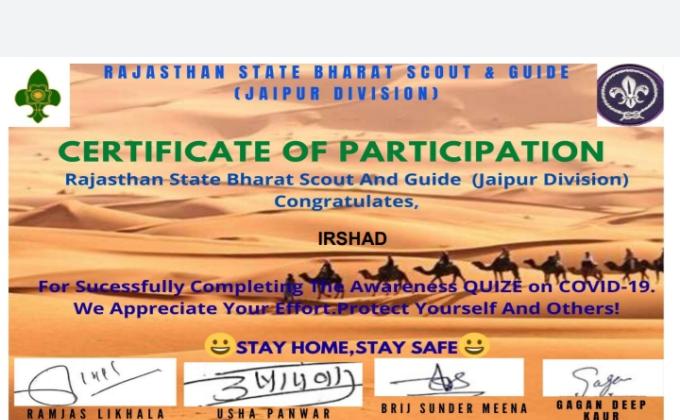 #COVID-19 Certificate of participation Rajasthan State Bharat Scout And Guide (Jaipur Division) 