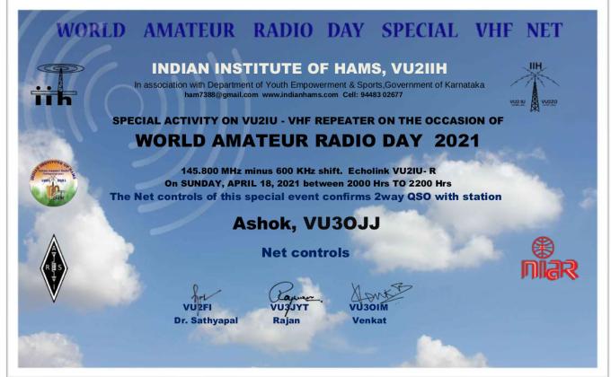 Radio Scouting - World Amateur Radio Day 2021, Special VHF Net, Indian Institute of HAMs VU2 IIH