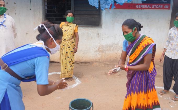 Hand wash demonstration at Kusumunda village of Bargaon Block, Sundargarh by the Rovers & Rangers of Bargaon ITI Unit of Odisha State Bharat Scouts & Guides