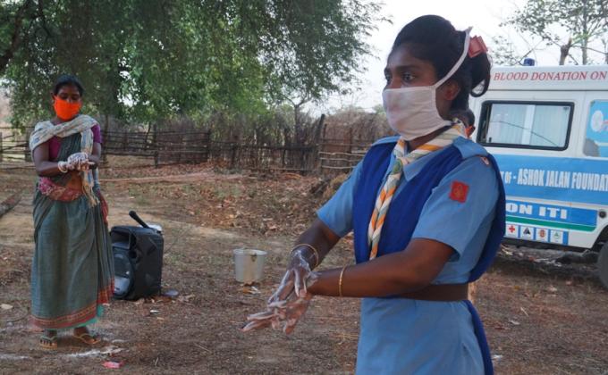 Hand wash demonstration and soaps, sanitizers distribution at Aludega village of Bargaon Block