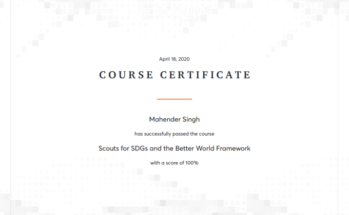 Scouts for SDGs and Better World Framework certificate